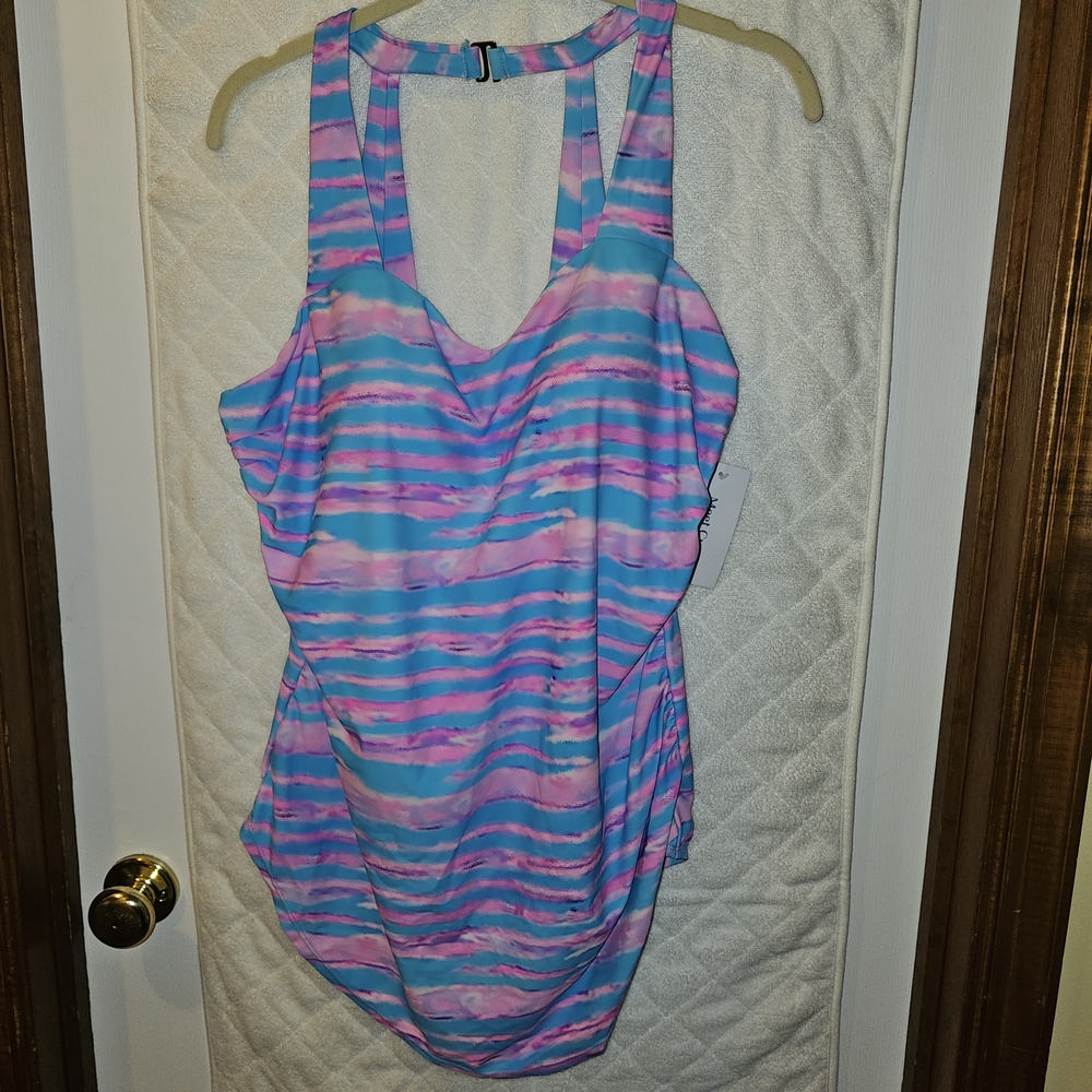 3X Meet Curve One Piece Sarong Striped Pink Blue Swimsuit H Back NWT XXXL New